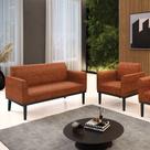 Conjunto Poltrona e Namoradeira Decorativa Isabella Pés Fixo em Madeira Preto PU Nozes G19 - Gran Belo Conjunto Poltrona e Namoradeira Decorativa Isabella Pés Fixo em Madeira Preto PU Nozes G19 - Gran Belo