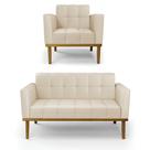 Conjunto Poltrona e Namoradeira Decorativas Karen Pés Fixo em Madeira Castanho PU Bege G19 - Gran Belo