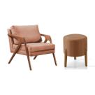 Conjunto Poltrona Mona Decorativa e Puff Thor Estofado Base Madeira Maciça Linho Terracota