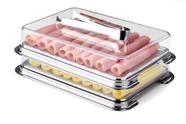 Conjunto Porta Frios 3 Peças Geladeira Base Inox Com Pinça Pegador Inox Porta Queijo Presunto