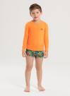 Conjunto Praia Infantil Menino Laranja Camiseta Manga Longa e Sunga Dino na Selva