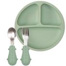 Conjunto Pratinho C/ Divisórias E Ventosas Talheres Em Silicone E Aço Inox Verde Buba