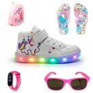 Conjunto Premium com Tênis Unicórnio para Meninas Led no Solado + Mochila de Ombros + Relógio Digital + Chinelo Leve e Macio + Óculos Escuros