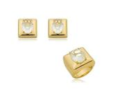 Conjunto Quadrado com Pedra Oval de Cristal Banhado a Ouro
