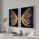 Conjunto Quadros Decorativos com Moldura Asas de Borboleta Douradas Sala Quarto Cozinha Kit 2 Peças
