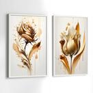 Conjunto Quadros Decorativos com Moldura Bege Flores DouradasKit 2 Quadros 30x40 Decoração