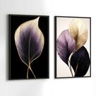 Conjunto Quadros Decorativos com Moldura Floral Roxoe Dourado Folhas Luxo Kit 2 Quadros 90x60 Decoração