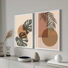 Conjunto Quadros Decorativos com Moldura Folhas Abstrato Marrom Verde Sala Quarto Cozinha Kit 2 Peças
