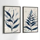 Conjunto Quadros Decorativos com Moldura Folhas Azul Tons Neutro Kit 2 Quadros 30x40 Decoração