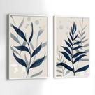 Conjunto Quadros Decorativos com Moldura Folhas Azul Tons Neutro Kit 2 Quadros 90x60 Decoração