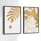Conjunto Quadros Decorativos com Moldura Folhas Douradas Plantas FloresKit 2 Quadros 30x40 Decoração
