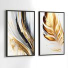 Conjunto Quadros Decorativos com Moldura Folhas Gold Abstrato Kit 2 Quadros 30x40 Decoração