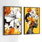 Conjunto Quadros Decorativos com Moldura Mulher com Flores na Cabeça laranja Amarelo Kit 2 Quadros 30x40 Decoração
