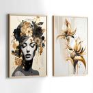 Conjunto Quadros Decorativos com Moldura Mulher Folhas Douradas luxo Abstrato Kit 2 Quadros 40x60 Decoração