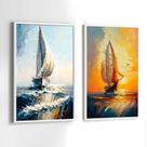 Conjunto Quadros Decorativos com Moldura Pintura Barcos Sol Arte Kit 2 Quadros 30x40 Decoração