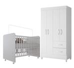 Conjunto Quarto de Bebê Completo com GuardaRoupa 3 Portas e Berço com Rodinhas Branco Moderno, Seguro e Funcional