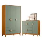 Conjunto Quarto Infantil Ipe Guarda Roupa 3 Portas 2 Gavetas Comoda 1 Porta 4 Gavetas Cinamomo/Salvia
