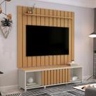 Conjunto Rack + Painel BR 2,20m ripado com Bordas Laqueadas e Prateleira Superior Tampo Duplo Gavetas com Acabamento em Rathan e Corrediças Telescópic