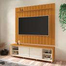 Conjunto Rack + Painel TH Ripado com Bordas Laqueadas Rodízios em Silicone Portas com Puxadores em Cava Para TV Até 75'' 1,80m Cor Freijó Nobre/Fendi