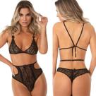 Conjunto Rendado Hotpant Tule Lingerie Sensual Luxo Renda