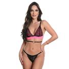 Conjunto Rendado Sem Bojo com Tira e Coração Preto e Rosa Neon - Tamanho M