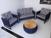 Conjunto Rivieira 1 Sofá 2 Poltronas 1 Mesa 70 cm Corda Náutica Azul e Alumínio Jardim Varanda Área Externa Interna Sala Star
