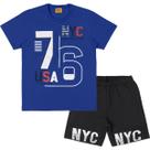 Conjunto Rolu camiseta meia malha com estampa puff e bermuda moletom fit 94674 Conjunto Rolu camiseta meia malha com estampa puff e bermuda moletom fit 94674