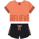 Conjunto Roupa Infantil Camisa Crooped Meia Malha e Short Em Moletom Confortável Kyly