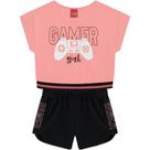 Conjunto Roupa Infantil Kyly Game Girl Neon Blusa Meia Malha e Short Em Moleton Sem Felpa