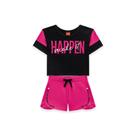 Conjunto Roupa Infantil Menina Blusa Estampa Happen + Short Confortável Versátil Verão Kyly