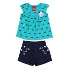 Conjunto Roupa Infantil Menina Blusa Manga Curta + Short Estampado Gatinha Conforto Leve kyly