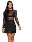 Conjunto Saia Curta De Franja E Body Tule Manga Longa preto - M