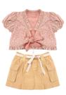 Conjunto Saia Short Pregas Top Cropped Algodão Rosas Pituchinhus