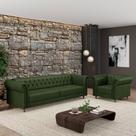 Conjunto Sala de Estar 1 Sofá Living 180cm e 1 Poltrona Stanford Chesterfield Pés Madeira material sintético Manchado G58 - Gran Belo