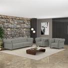 Conjunto Sala de Estar 1 Sofá Living 180cm e 2 Poltronas Stanford Chesterfield Pés Madeira Couro Cinza G58 - Gran Belo