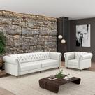 Conjunto Sala de Estar 1 Sofá Living 260cm e 1 Poltrona Stanford Chesterfield Pés Madeira Couro Branco Manchado G58 - Gran Belo Conjunto Sala de Estar 1 Sofá Living 260cm e 1 Poltrona Stanford Chesterfield Pés Madeira Couro Branco Manchado G58 - Gran Belo