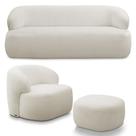 Conjunto Sala de Estar Decorativo Charlote 1 Sofá 180cm 2 Lugares 1 Poltrona Base Fixa com Puff Bouclê Off White G88 - Gran Belo