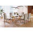 Conjunto Sala de Jantar 6 Lugares Espanha Mesa e Cadeiras Madeira Maciça Tampo Com Vidro Tecido Linho Areia