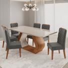 Conjunto Sala de Jantar 6 Lugares Retangular Tampo de Vidro e MDF Desire Cinza/Mel/Off White