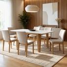 Conjunto Sala de Jantar 6 Lugares Retangular Tampo Vidro Base Madeira Maciça Mesa e Cadeiras Bella