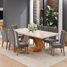 Conjunto Sala de Jantar 8 Lugares Retangular Tampo em Vidro e MDF Oversized Cinza/Mel/Off White