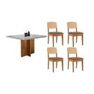 Conjunto Sala de Jantar Berlim c/ Tampo Madeirado c/ Vidro Canto Curvo 90x90cm e 4 Cadeiras Havana Premium Naturale/Off White - Suede Capuccino-Rufato