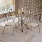 Conjunto Sala de Jantar com 4 Cadeiras de Metal Cromadas com Assento Estofado, Mesa Redonda Tampo Transparente e Base