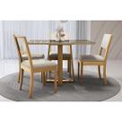 Conjunto Sala de Jantar Elma Premium Madeira Maciça c/ Tampo Madeirado c/ Vidro 120x80cm e 4 Cadeiras Lola Carvalho/Freijo Bronze - Linho Bege Argila-