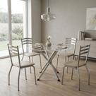 Conjunto Sala de Jantar Kappesberg 4 Cadeiras de Metal Cromadas com Assento Estofado, Mesa Redonda, Tampo de Vidro e Base Cromada