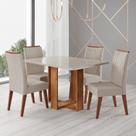 Conjunto Sala de Jantar Mesa 120x79,2cm Tampo com Vidro 4 Cadeiras Riviera Mel/Off White/Bege