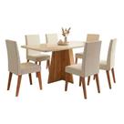 Conjunto Sala De Jantar Mesa 1,60m Com Vidro Anjos 6 Cadeiras Linho Milano Viero Madeirado - Creme