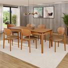 Conjunto Sala de Jantar Mesa 180x90cm 6 Cadeiras em Madeira Maciça com Assento Estofado Jade Marrom/Cinamomo/Caramelo