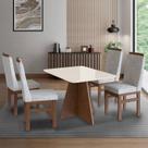 Conjunto Sala de Jantar Mesa 90x120cm T Vidro com 4 Cadeiras Madeira Maciça Marrom/Tabaco/Off White/Cinza