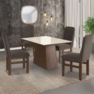 Conjunto Sala de Jantar Mesa 90x120cm Tampo Vidro com 4 Cadeiras Madeira Maciça Tecido Joli Marrom/Tabaco/Off White
